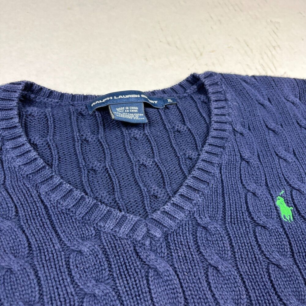 Ralph Lauren Sport Womens V-Neck Sweater Blue Long Sleeve Cable Knit Pullover XL - Picture 8 of 10